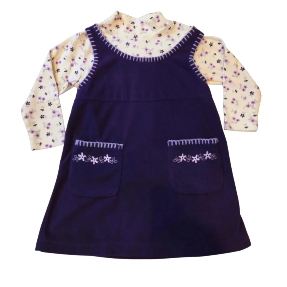 Vintage Y2k Arizona Jean Co. Purple and Cream Floral Overall Dress 2 Piece Set